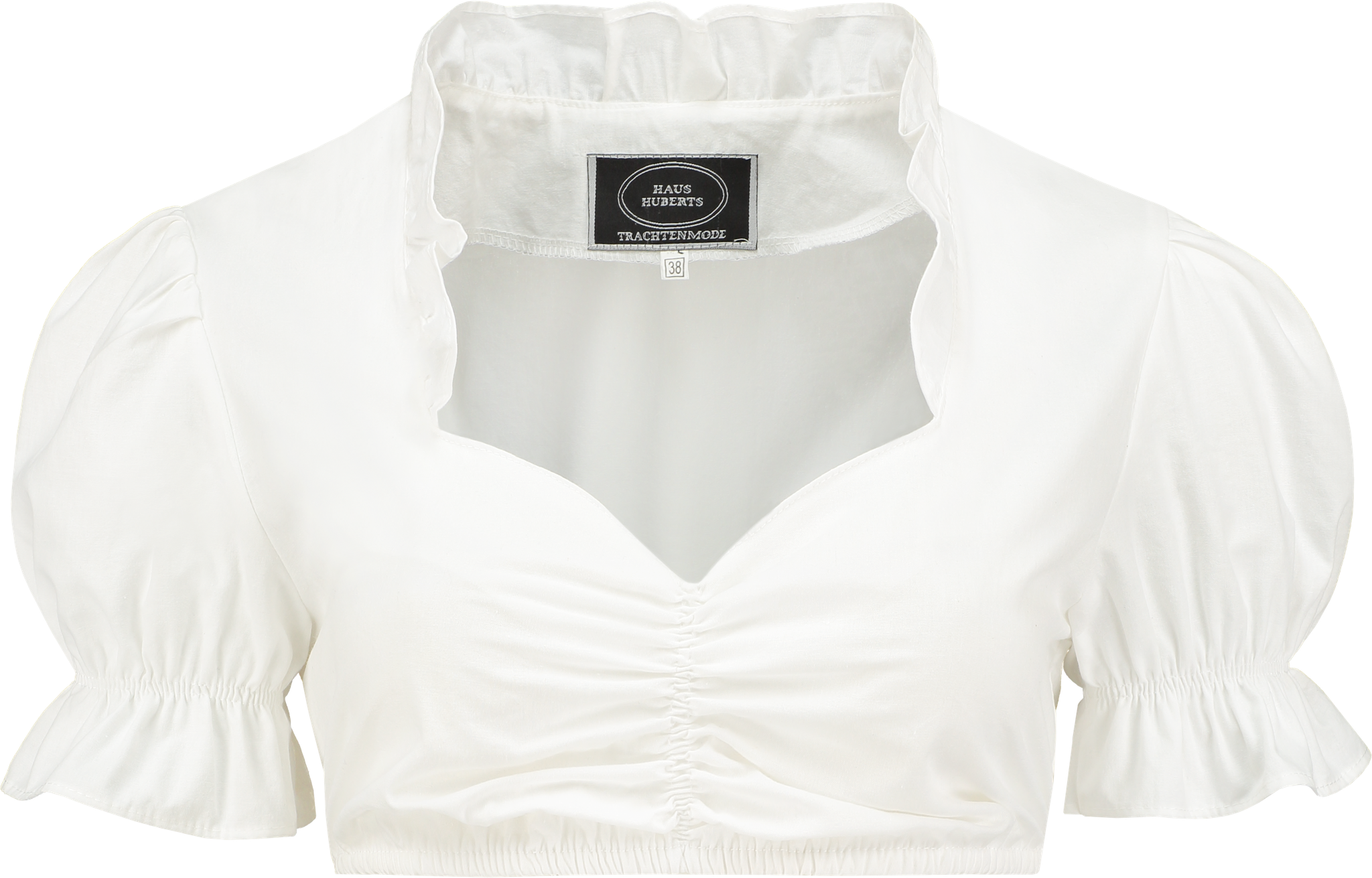 Billede af Dirndl bluse i hvid med flæset hals, premium bomuld, 36-60 - 48